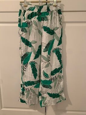 Tahari White Wide-Leg Pants with Green Leaf Print Linen size S